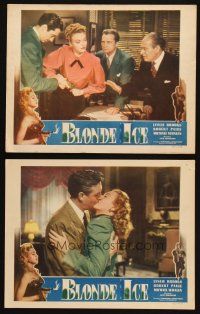 3j872 BLONDE ICE 2 LCs '48 Russ Vincent, Robert Paige, sexy bad girl Leslie Brooks with smoking gun!