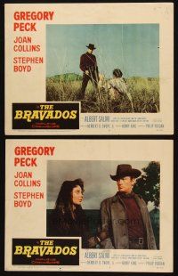 3j874 BRAVADOS 2 LCs '58 cool western images of Gregory Peck with gun and sexy Joan Collins!