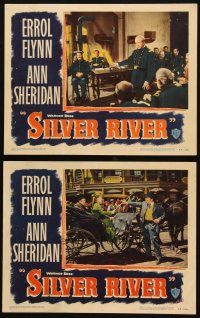 3j958 SILVER RIVER 2 LCs '48 Errol Flynn getting kicked from Army, Ann Sheridan with whip & horse!