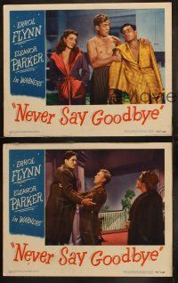 3j821 NEVER SAY GOODBYE 3 LCs '46 pretty Eleanor Parker in fur coat squeezes Errol Flynn's face!