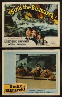 3j407 SINK THE BISMARCK 8 LCs '60 Kenneth More, great WWII clash of battleships title card art!