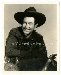 3k484 JOHNNY MACK BROWN 8x10 still '31 c/u smiling portrait in cowboy gear leaning over saddle!