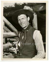 3k805 SHANE candid 8x10.25 still '53 great portrait of Jack Palance smiling with gun in hand!