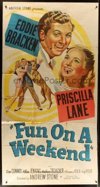 3m306 FUN ON A WEEKEND 3sh '47 stone litho art of Eddie Bracken & pretty Priscilla Lane!