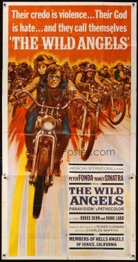 3m598 WILD ANGELS 3sh '66 classic image of biker Peter Fonda & sexy Nancy Sinatra on motorcycle!