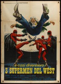 3m984 THREE SUPERMEN OF THE WEST Italian 1p '73 great wacky super hero art by Mario Piovano!