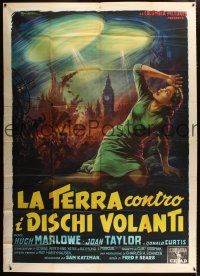 3m742 EARTH VS. THE FLYING SAUCERS Italian 2p '56 completely different sci-fi art by Ballester!
