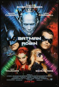 3p074 BATMAN & ROBIN advance DS 1sh '97 Clooney, O'Donnell, Schwarzenegger, Thurman, Silverstone