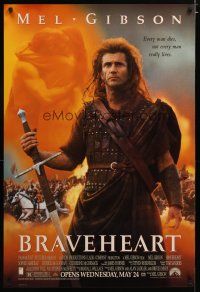3p117 BRAVEHEART advance 1sh '95 cool image of Mel Gibson as William Wallace!
