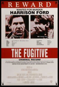 3p273 FUGITIVE recalled int'l 1sh '93 Harrison Ford is on the run, cool wanted poster!