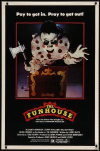 3p276 FUNHOUSE 1sh '81 Tobe Hooper, creepy carnival clown jack-in-the-box with axe horror image!