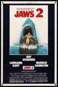 3p455 JAWS 2 1sh '78 art of giant shark attacking girl on water skis by Lou Feck!