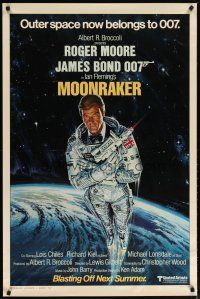3p555 MOONRAKER style A advance 1sh '79 art of Roger Moore as Bond in space by Goozee!
