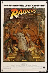3p631 RAIDERS OF THE LOST ARK 1sh R82 great art of adventurer Harrison Ford by Richard Amsel!
