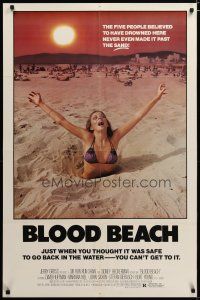 3r183 BLOOD BEACH 1sh '80 classic Jaws parody image of sexy girl in bikini sinking in quicksand!