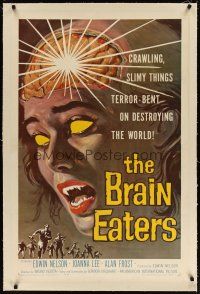3r010 BRAIN EATERS linen 1sh '58 AIP, classic horror art of girl's brain exploding!