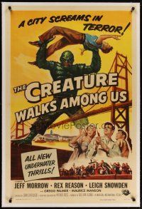 3r016 CREATURE WALKS AMONG US linen 1sh '56 Brown art of monster attacking by Golden Gate Bridge!