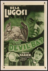 3r021 DEVIL BAT linen 1sh '40 super close up of creepy Bela Lugosi + laboratory art, sci-fi horror!