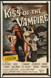 3r342 KISS OF THE VAMPIRE 1sh '63 Hammer, cool art of devil bats attacking by Joseph Smith!