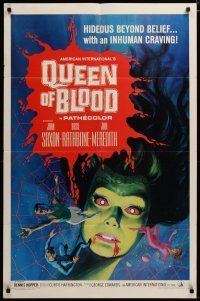 3r401 QUEEN OF BLOOD 1sh '66 Basil Rathbone, cool art of female monster & victims in her web!