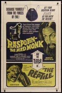 3r403 RASPUTIN THE MAD MONK/REPTILE 1sh '66 wacky Hammer double-bill, free Rasputin beards!