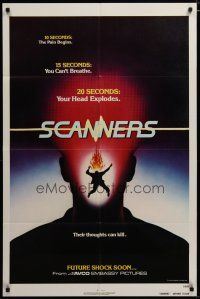 3r414 SCANNERS teaser 1sh '81 David Cronenberg, in 20 seconds your head explodes, sci-fi horror!
