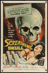3r418 SCREAMING SKULL 1sh '58 great horror art of huge skull & sexy girl grabbed by skeleton hand!