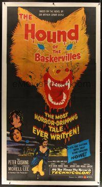 3s125 HOUND OF THE BASKERVILLES linen 3sh '59 Cushing as Sherlock, great blood-dripping dog art!