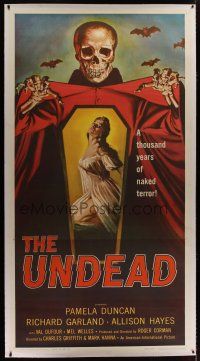 3s133 UNDEAD linen 3sh '57 Roger Corman, Kallis art of skeleton reaching for sexy Allison Hayes!