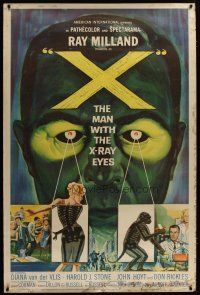 3s004 X: THE MAN WITH THE X-RAY EYES 40x60 '63 Ray Milland strips souls & bodies, cool sci-fi art!