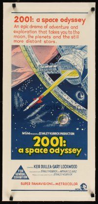 3s196 2001: A SPACE ODYSSEY linen Aust daybill '68 Stanley Kubrick classic, art of space wheel!