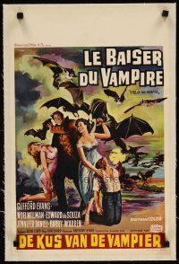 3s209 KISS OF THE VAMPIRE linen Belgian '63 Hammer, art of giant devil bats summoned from Hell!