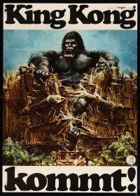3s075 KING KONG German 33x47 teaser '76 John Berkey art of BIG Ape destroying huge barrier!