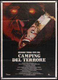 3s032 CAMPING DEL TERRORE Italian 1p '86 cool art of monster & screaming girl on knife reflection!