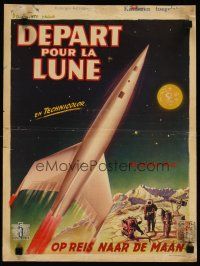 3t203 DESTINATION MOON Belgian '50 Robert A. Heinlein, cool art of rocket flying through space!