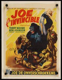 3t002 MIGHTY JOE YOUNG Belgian '50 first Ray Harryhausen, art of ape rescuing girl from lions!