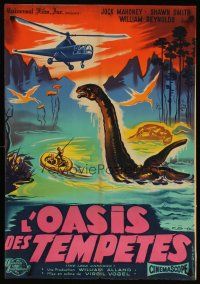3t195 LAND UNKNOWN French 23x32 '57 dinosaurs in a paradise of hidden terrors, art by Belinsky!