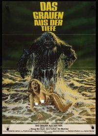 3w059 HUMANOIDS FROM THE DEEP German '80 art monster over sexy topless girl on beach!