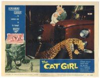 3w234 CAT GIRL LC #5 '57 great image of leopard by car & embracing couple, English horror!