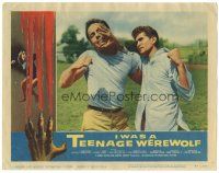 3w272 I WAS A TEENAGE WEREWOLF LC '57 AIP classic, close up of Michael Landon in fist fight!