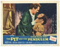 3w298 PIT & THE PENDULUM LC #5 '61 Vincent Price with hands around sexy Barbara Steele's neck!