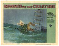 3w303 REVENGE OF THE CREATURE LC #5 '55 c/u of the monster in water pulling man off boat's ladder!