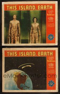 3w181 THIS ISLAND EARTH 2 LCs '55 cool image of the transformation scene & UFO heading to Earth!