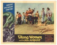 3w323 VIKING WOMEN & THE SEA SERPENT LC #1 '58 guy carrying girl by fire pit on beach!