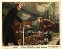 3w391 REVENGE OF FRANKENSTEIN color English FOH LC '58 Peter Cushing & man digging up grave!