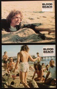 3w080 BLOOD BEACH 5 German LCs '80 wild image of quicksand & what horrible things lie beneath it!