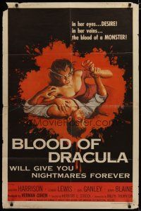 3x108 BLOOD OF DRACULA 1sh '57 cool horror artwork of female vampire Sandra Harrison attacking!
