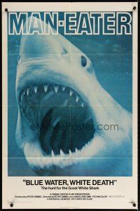 3x116 BLUE WATER, WHITE DEATH 1sh '71 cool super close image of great white shark with open mouth!
