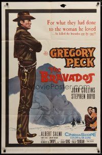 3x130 BRAVADOS 1sh '58 full-length art of cowboy Gregory Peck with gun & sexy Joan Collins!