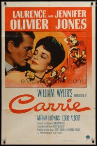 3x157 CARRIE 1sh '52 romantic art of Laurence Olivier & Jennifer Jones, William Wyler!